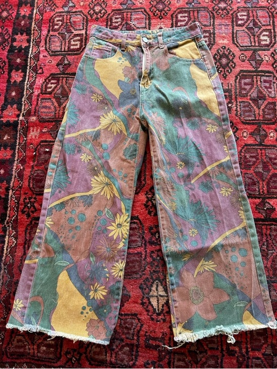 Vintage Pants - Vintage Psychedelic Floral Wide Leg Jeans Multi Colored Hippie Boho Festival S/M